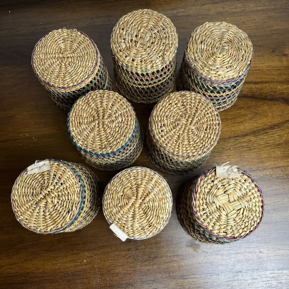 Vintage Woven Wicker Rattan Baskets Cup Glass Holder Boho Multicolor Set of 8